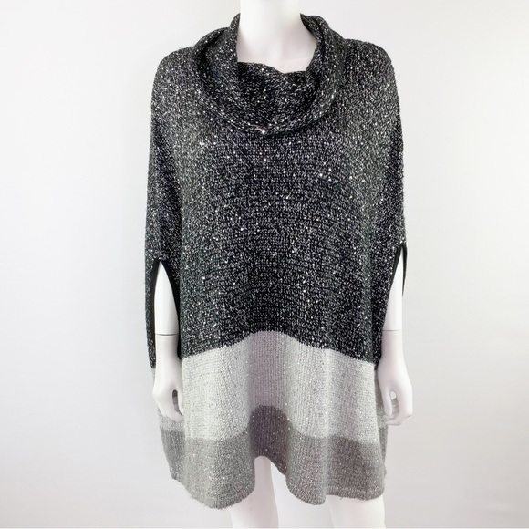 Chico's Size 1 US S Black & Gray Sequin Knit Cowl Neck Poncho Sweater - Picture 1 of 8